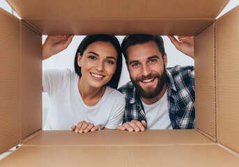 Happy couple unpacking moving boxes, smiling with joy in their new home, a fresh start for family life, perfect for real estate and relocation campaigns