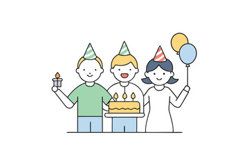 Three happy friends celebrating a birthday with cake and balloons isolated on white background birthday party with friends concept
