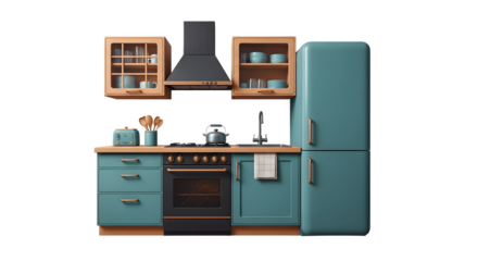Stylish teal kitchen with appliances and wooden cabinets modern design.