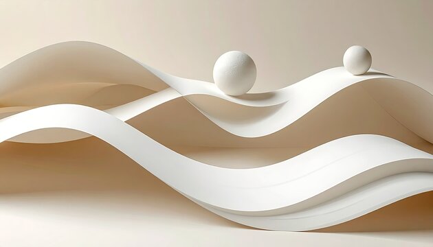 Abstract image of two white spheres resting atop undulating, intersecting white paper waves against a pale beige background