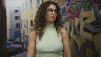 Young hispanic woman wearing glasses looking sideways beside colorful graffiti on narrow city street; doubt uncertainty.