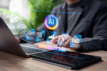 Generative AI Business Concept, Businessman Using Artificial Intelligence for Strategic Analysis, Financial Growth, Market Trends, Technology Innovation, Data-Driven Decision Making, Corporate Success