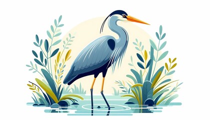 Elegant Great Blue Heron in a Stylized Marsh
