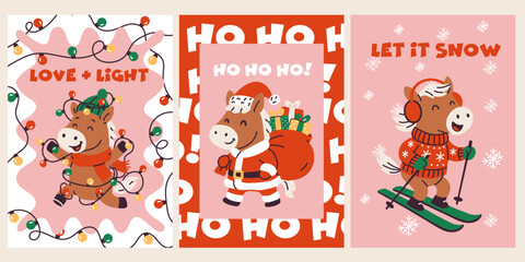Fototapeta premium Cute Christmas Horse Greeting Cards with Festive Designs
