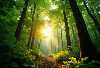 Obraz premium Lush Green Forest Canopy Vibrant Nature Scene View from Below Sunlight Filter Through Leaves