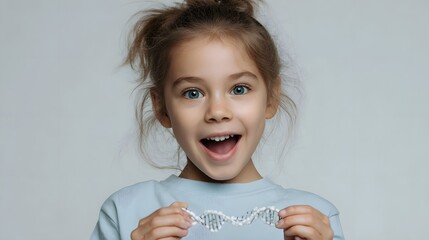 An excited young girl holds a DNA double helix model looking with wonder