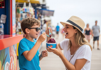 Joyful moment of sharing acai bowl with son on beach boardwalk, vibrant colors, sunshine, and pure happiness, ideal for family lifestyle campaign