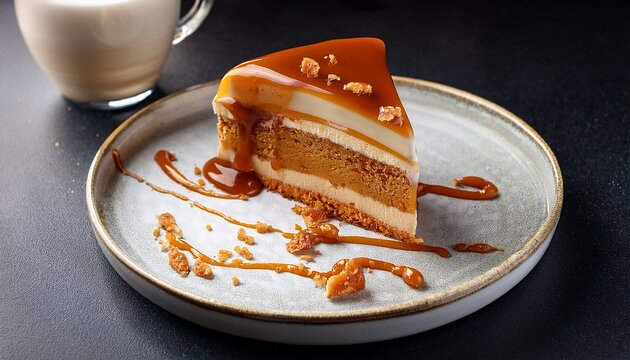 Trilece Dessert With Milk And Caramel Slice Of Caramel Cake On Dark Background