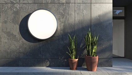 Modern Building Exterior with Round Sign, Snake Plants, and Concrete Wall