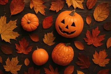 Autumnal pumpkins and fall foliage arrangement for seasonal decor, Halloween