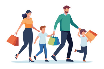 Happy family with shopping bags walking together, parents and children shopping, family shopping vector illustration
