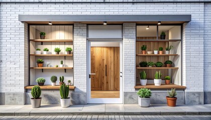 Modern Storefront with Shelves Displaying Various Potted Plants and Succulents
