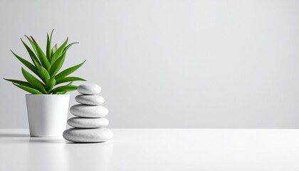 Minimalist Still Life with Stacked Zen Stones and Green Plant on White Surface