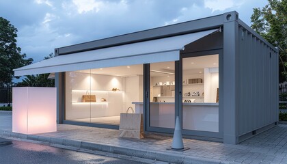 Modern Shipping Container Boutique Store with Illuminated Display and Shopping Bags