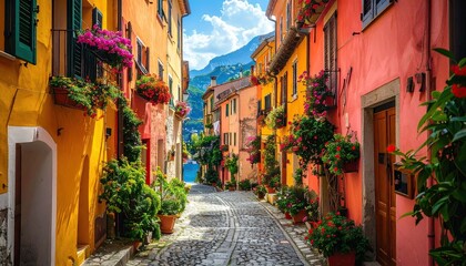 Charming Cobblestone Street Lined with Colorful Buildings and Flower Boxes in a Mediterranean Town under Bright Blue Sky