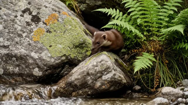 Curious Wild Marten Explores Rocky Mountain Stream Habitat