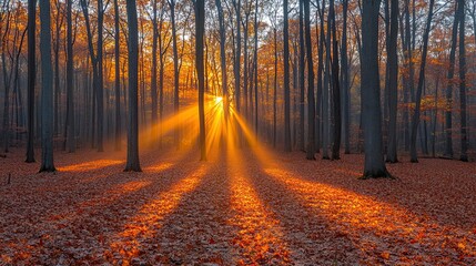 Fototapeta premium Enchanting autumn forest bathed in the warm glow of the setting sun creating shadows