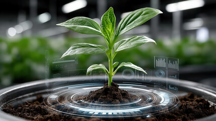 Young plant grows in rich soil, surrounded by digital interface displaying data and analytics, symbolizing innovation in agriculture