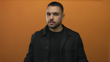 Obraz premium Man extends hands with open palms and holds a thoughtful gaze in orange studio setting; calm reflection and focus.