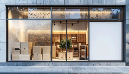 Modern storefront with a blank white sign, concrete facade, and a warmly lit wooden interior with stacked boxes.