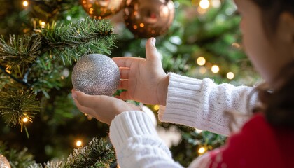 Close-up of a child's hands in a cozy sweater hanging a silver glitter bauble on a decorated Christmas tree with warm bokeh lights