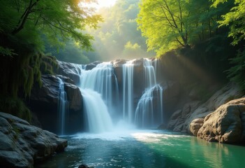 Fototapeta premium Majestic Waterfall Cascade Rugged Rocks Natural Splendor Captivating Nature Surrounding Beauty Peaceful Retreat