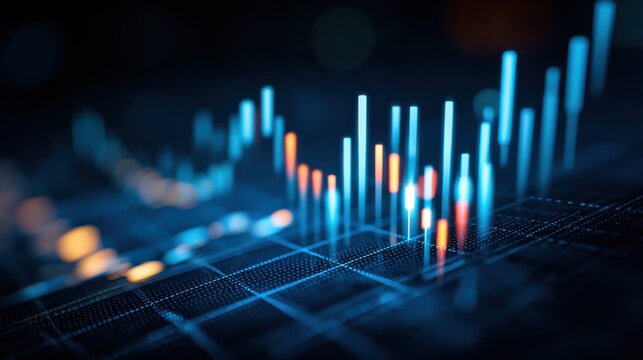 A digital 3D bar chart with glowing blue and orange lines represents financial data analysis on a dark background