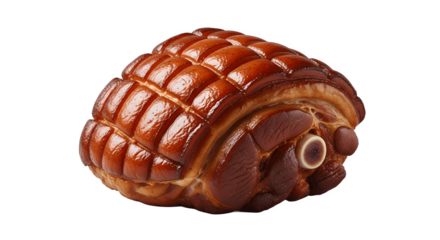 Whole roasted glazed ham with scored skin isolated on white.
