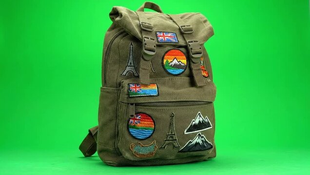 Adventurous explorer's backpack adorned with travel patches, ready for global journeys and exciting expeditions.