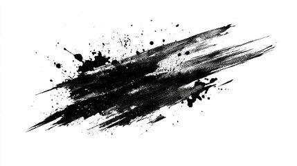 Obraz premium Abstract black ink brush stroke with splatters on a white background.