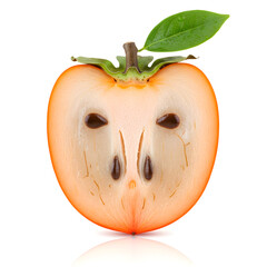Symmetrically Halved Persimmon with Seeds and Leaf