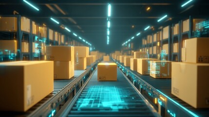 Automated warehouse with cardboard boxes on conveyor belts, illuminated by blue lights and digital interfaces showing advanced logistics technology