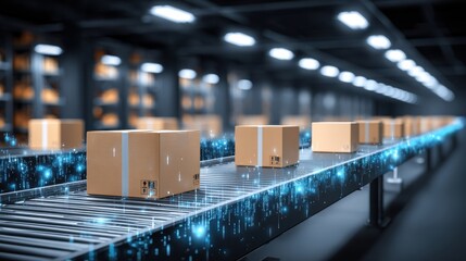 Cardboard boxes move along an automated conveyor belt in a high-tech warehouse with digital effects representing smart logistics