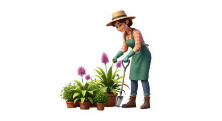 Woman Gardening with Plants and Shovel in Garden.