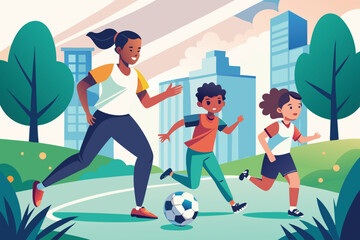 A happy family playing soccer in the park with a city in the background and trees around them in a vector illustration