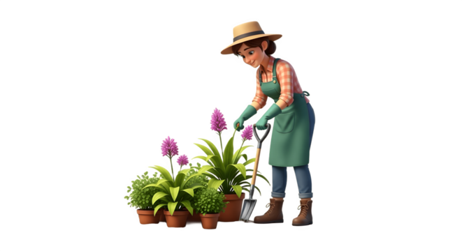 Woman Gardening with Plants and Shovel in Garden.