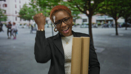 African american woman holds rolled blueprints in front of building on street; pride ambition success drive.