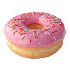 Delicious pink frosted donut with colorful sprinkles isolated on transparent background