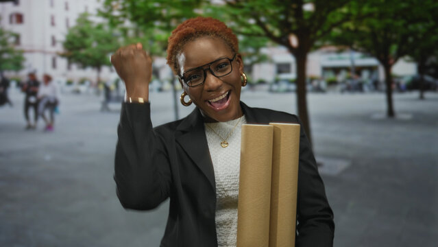 African american woman holds rolled blueprints in front of building on street; pride ambition success drive. - Powered by Adobe