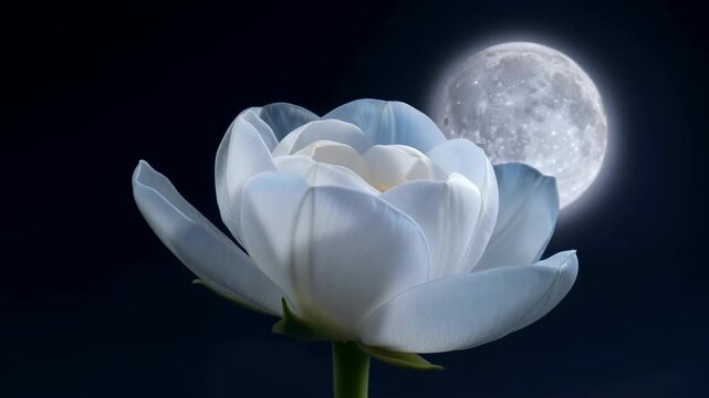 Two moons illuminate a white flower a surreal romantic vision this cosmic love story shows impossible beauty fantasy nature a beautiful dreamscape represents duality connection