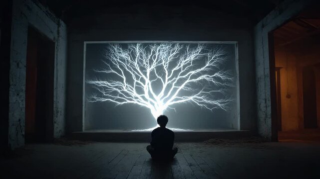 Person silhouette glowing tree light dark room lifelong learning attitude inspires meditation growth knowledge calm mystery