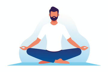 Man in lotus position meditating isolated on white background wellbeing and healthy lifestyle concept vector illustration