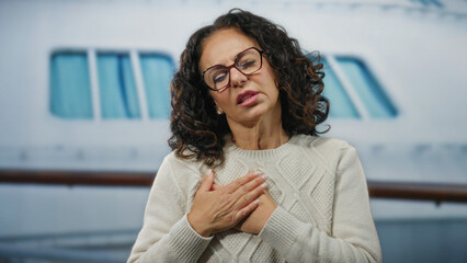 Mature woman with curly hair and glasses holding her chest outdoors on a boat at a port, appearing...