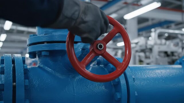 Hand turns red valve on blue industrial pipe controlling gas water supply this factory work scene represents industrial power energy control pressure regulation system management process