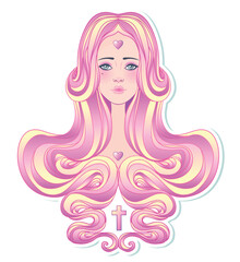 Cute teen girl with closed eyes and long hair. Mix of art nouveau and kawaii gothic style. Hipster, pastel goth, vibrant colors isolated. Vector illustration. Sticker, patch, poster graphic design.