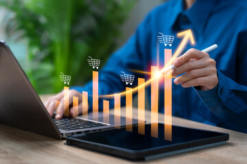Sales Growth and Profit Analysis Concept, Businesswoman Showing Export Revenue Graph, Marketing Trend Forecast, Financial Performance, Income Growth, and Strategic Business Development for Success