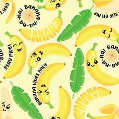 Seamless Banana Pattern with Funny Quotes on Yellow Background