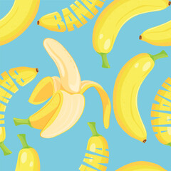 Seamless Banana Pattern with Fun Typography on Blue Background
