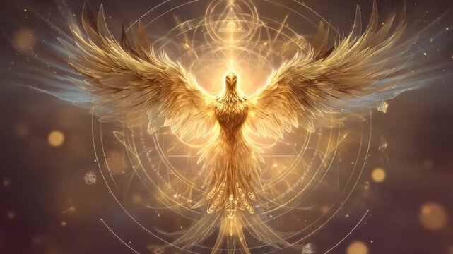 Shining golden phoenix with spread wings in radiant celestial design