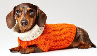 Dachshund wearing an orange sweater